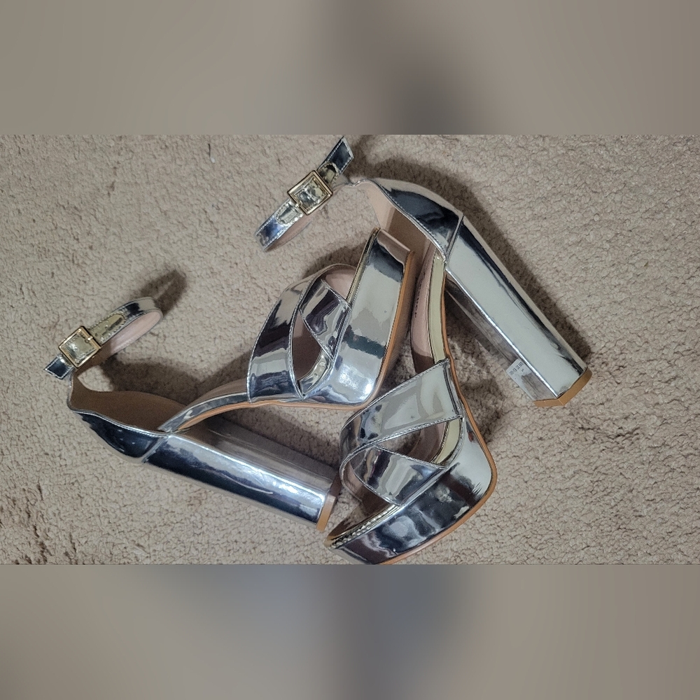 Fever Shiny Silver Chunky Block 7.5 Heels